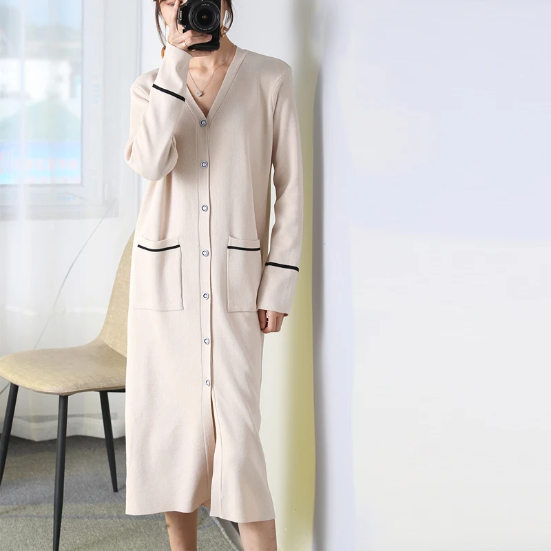 #Special Offers 2019 New Winter Long Cardigan Coat Women V Neck Knitted Caridigan With Pockets Korean Style Coat Casual Sweater Dress Streetwear