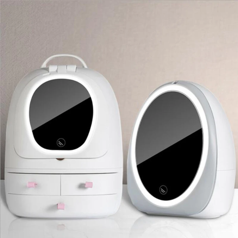 

Creative makeup box with led light HD double-sided mirror cosmetic storage box dustproof desktop skin care product storage box