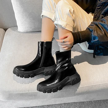 

Prova Perfetto Temperament Ankle Boots Women Round Toe Genuine Leather Zipper-Side Black Boots Thick Bottom Mauri Botas Mujer