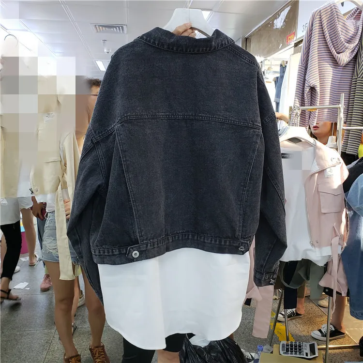 Harajuku BF Стиль Женский поддельный из двух частей Свободная джинсовая куртка белая рубашка лоскутное тренд уличная джинсовая куртка s