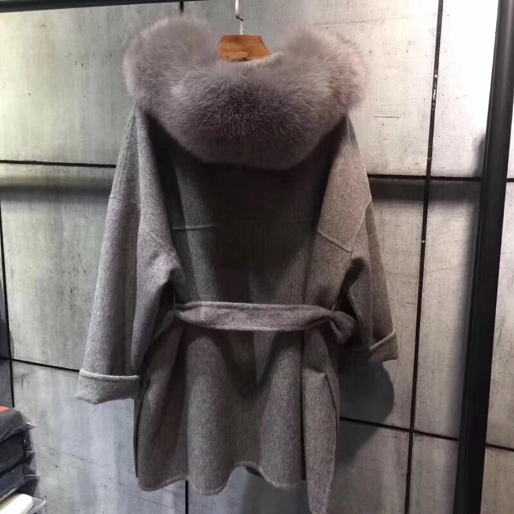 Женское кашемировое пальто, двустороннее шерстяное пальто с большим лисьим пальто с меховым воротником, зимняя длинная кашемировая Кепка-капюшон, верхняя одежда