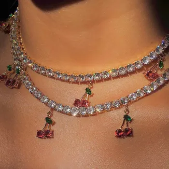 

Luxury Fashion Red Cherry Crystal Pendant Necklace for Women Bling Rhinestone Tennis Chain Necklace New Korean Jewelry Gift