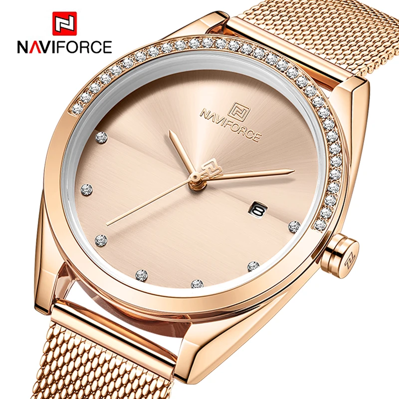 NAVIFORCE Elegant Watches for Women Rose Gold Luxury Diamond Ladies Wristwatch Steel