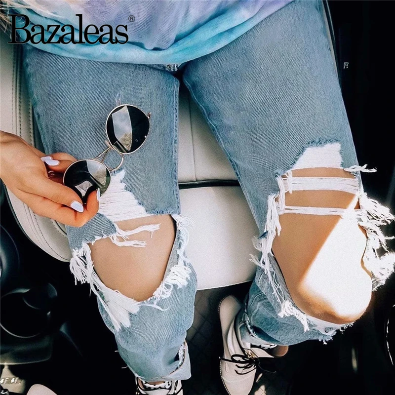 Bazaleas Vintage Hollow Out women jeans Fashion high waist Jean Punk cotton Knee Hole jeans Streetwear Straight demin pants