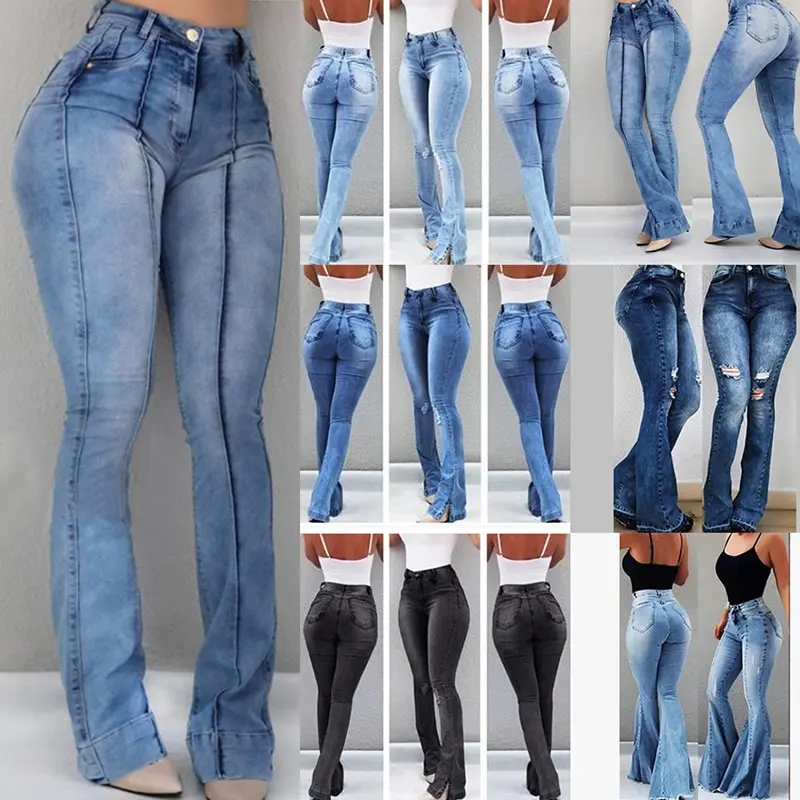 

2020 Women High Waist Flare Jeans Skinny Denim Pants Sexy Push Up Trousers Stretch Bottom Jean Female Casual Jeans