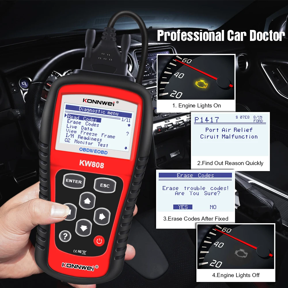 KONNWE KW808 OBD2 сканер диагностический инструмент для считывания кодов сброса