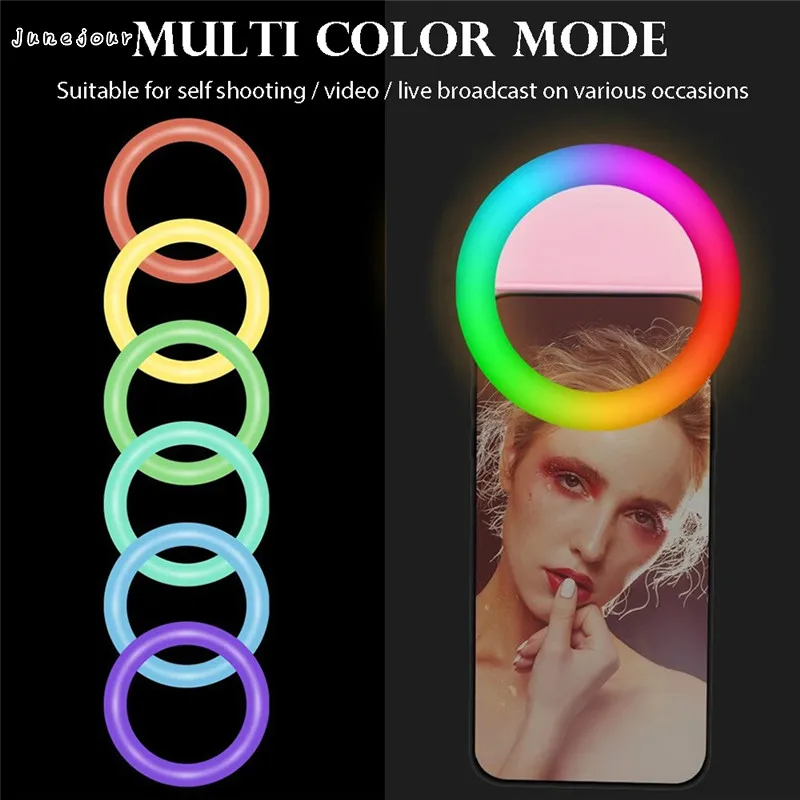 

LED RGB Clip on Selfie Ring Light Rechargeable Battery ringlight for Smart Phone Camera Round Shape lighting hoops light ring