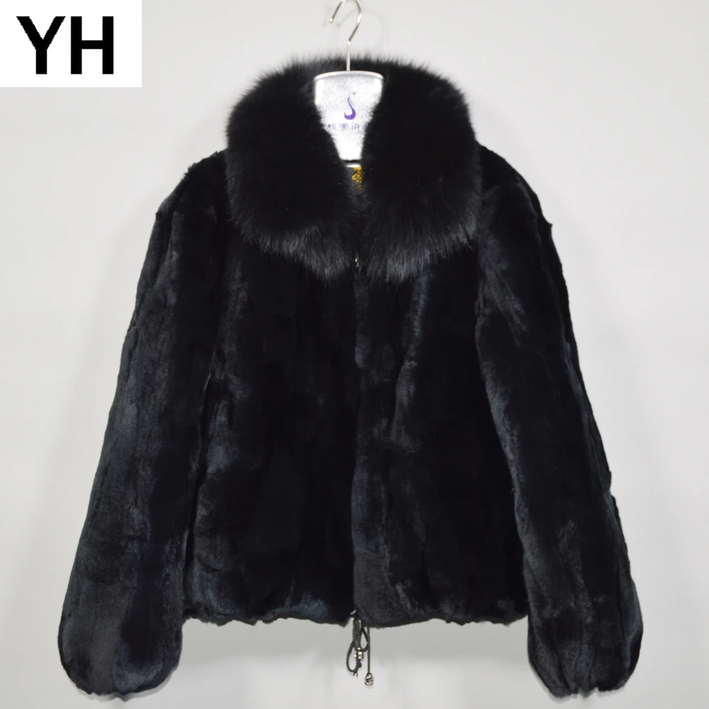 

2019 New Women Winter Warm Soft Quality Real Rex Rabbit Fur Coat Rex Rabbit Fur Short Jacket Big Real Fox Fur Collar Overcoat