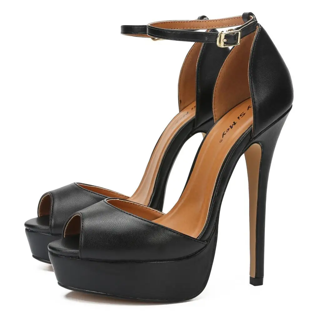 Туфли на высоком каблуке с ремешком на щиколотке размера плюс 48; женские туфли-лодочки; модные свадебные туфли на каблуке 16 см; цвет черный, красный; модельные туфли-лодочки на платформе - Цвет: Черный