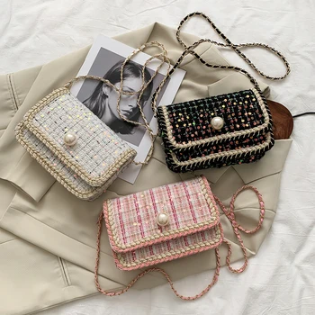 

Casual Woolen Messenger Bags Women Chain Pearl Clasp Shoulder Handbag Clutch Fashion Ladies Crossbody Bags