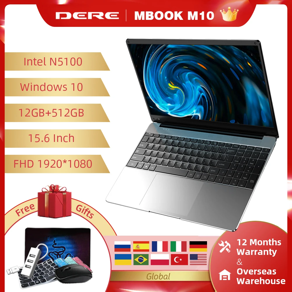 Mini ordenador portátil con pantalla de 15,6 pulgadas, computadora con procesador Intel jaspe Lake N5100, 12G, 512G, FHD, 1920x1080, Windows 10, MBook M10