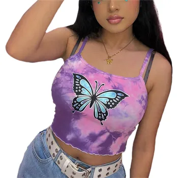 

2020 New Fashion Women Sexy Butterfly Print Tank Crop Tops Vest Summer Casual Sleeveless Strap Animal Print Short Camisole Tank