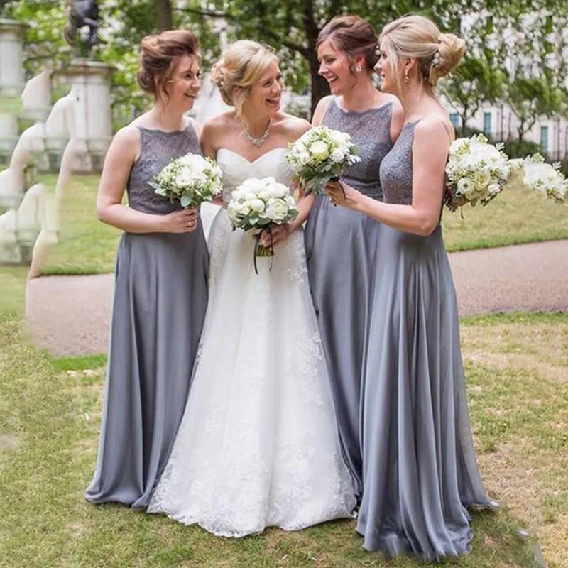

Кружевные Платья для подружек невесты, серебристо-серые платья с круглым вырезом и складками для деревенского сада, свадебные платья со шлейфом