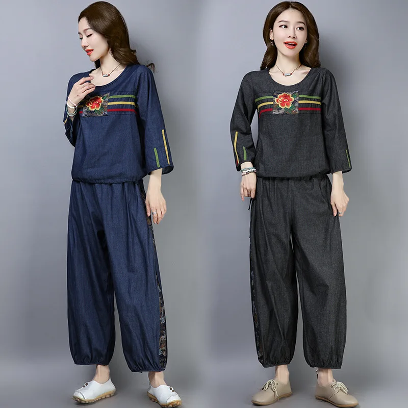 

2019 Spring New Style Ethnic-Style Set Large Size Dress Cotton Linen Cowboy Embroidery Two-Piece Set