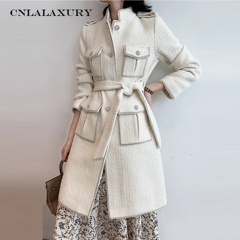 Зимнее женское пальто стиль длинный рукав стоячий воротник, ногти, бусы ...