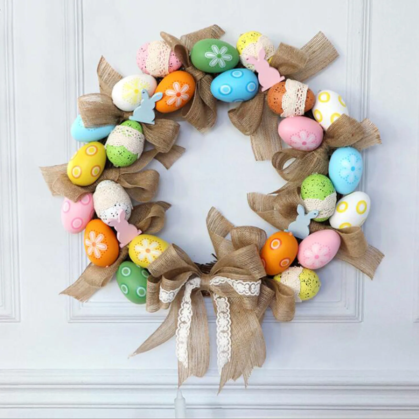 

40cm Easter Wreath with Pastel Eggs Artificial Leaves Flower Front Door Porch Welcome Sign Spring Festival Decor Party Supplies