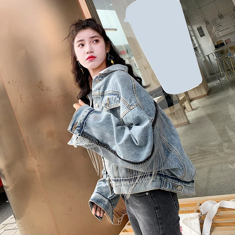 

2019 Women Jacket Spring And Autumn New Fashion Retro Women's Denim Polyester Jacket Fringed Jacket Patchwork Tassel Decoration
