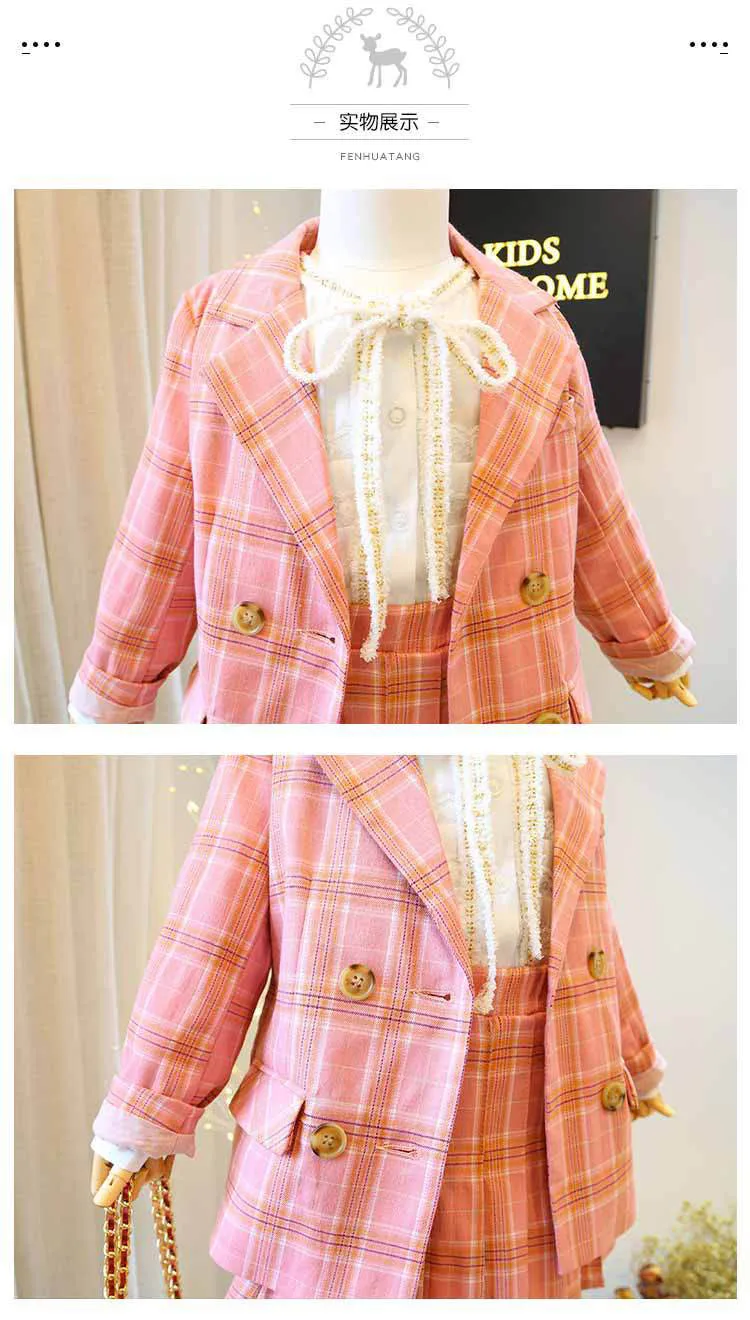 Free shipping spring autumn new brand plaid sets for baby girls blazers coats+ skirts 2cps suits children clothes kids ws1001