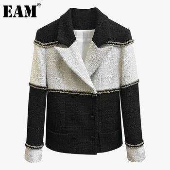 

[EAM] Women Black Contrast Color Tweed Blazer New Lapel Long Sleeve Loose Fit Jacket Fashion Tide Spring Autumn 2020 1Z585