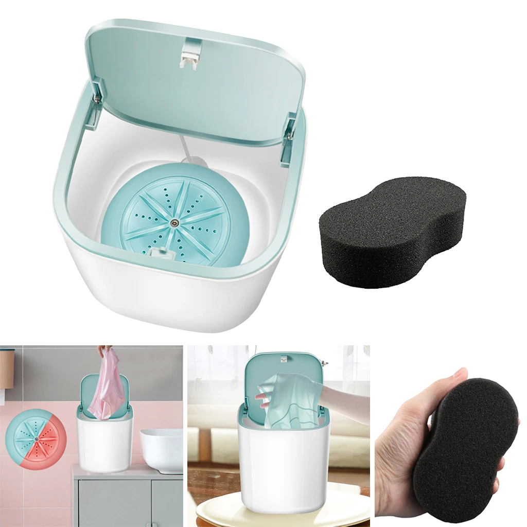 Portable Washing Machine + Sponge for Makeup Brush Pants Travel Camping Blue