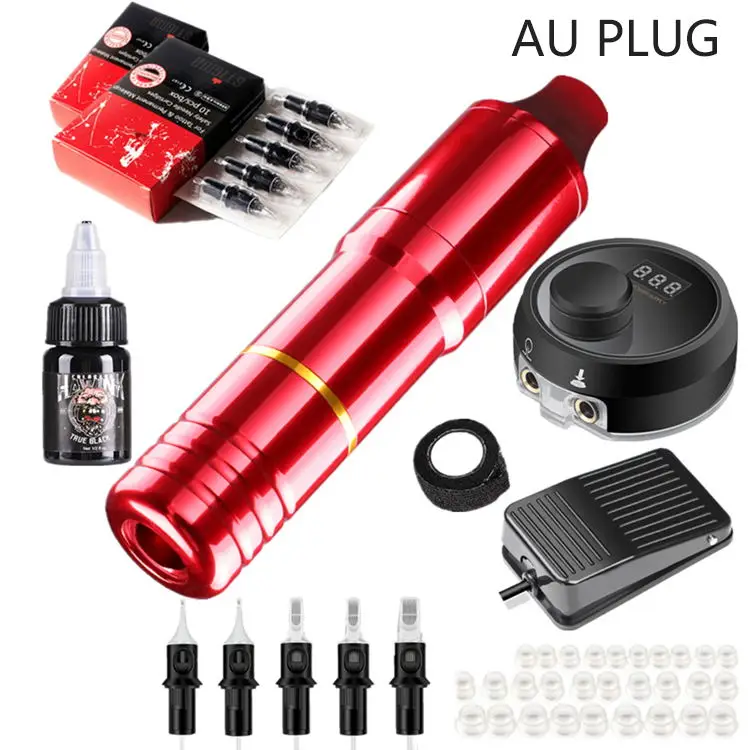 red au plug Набор для татуировки, роторный мотор, комплект тату-машинки, профессиональный полный картридж, иглы, Пигмент чернил, электропитание, педаль - Цвет: red au plug