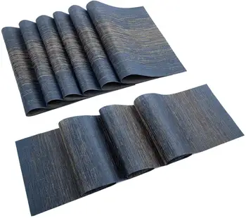 

metable PVC Placemats Set of 6 and Table Runner Set for Kitchen Table Washable Plastic Woven Vinyl Heat Resistant