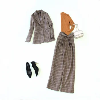 

Large size women's 2019 autumn and winter new long slim plaid suit jacket female high waist wide leg pants plus velvet bottoming