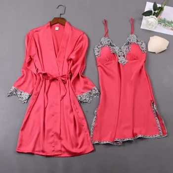 

Spring Summer Women V-neck Satin Robe & Gown Sets Female Sexy Silk Lace Sleeveless Bath Gown Nightwear With Chest Pads