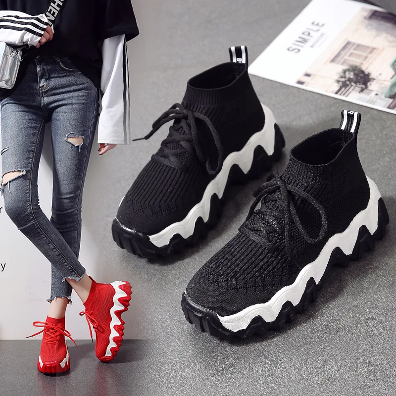 

Spring Platform Heel Lace-up Hight-top Casual Shoes Women's Mixed Colors Fly Woven Breathable Shoes Extra High Harajuku WOMEN'S