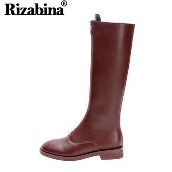 

RIZABINA Women Genuine Leather Boots Winter Warm Flats Zipper Shoes Woman Round Toe Casual Fashion Club Botas Size 34-42
