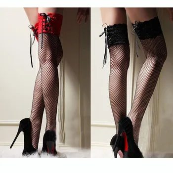 

Women Sexy Red Widen Lace Stocking Sheer Straps Lace Fishnet Mesh Top Thigh High Sexy Lingerie Tight High black Stockings Gifts