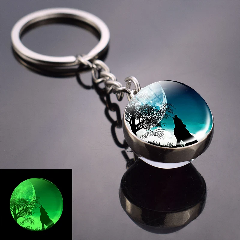As show 13 Glow in Dark Jewelry Howling Wolf Keychain Wolf Luminous Glass Cabochon Pendant Keyring Double Side Glass Ball Keychain - Цвет: As show 13