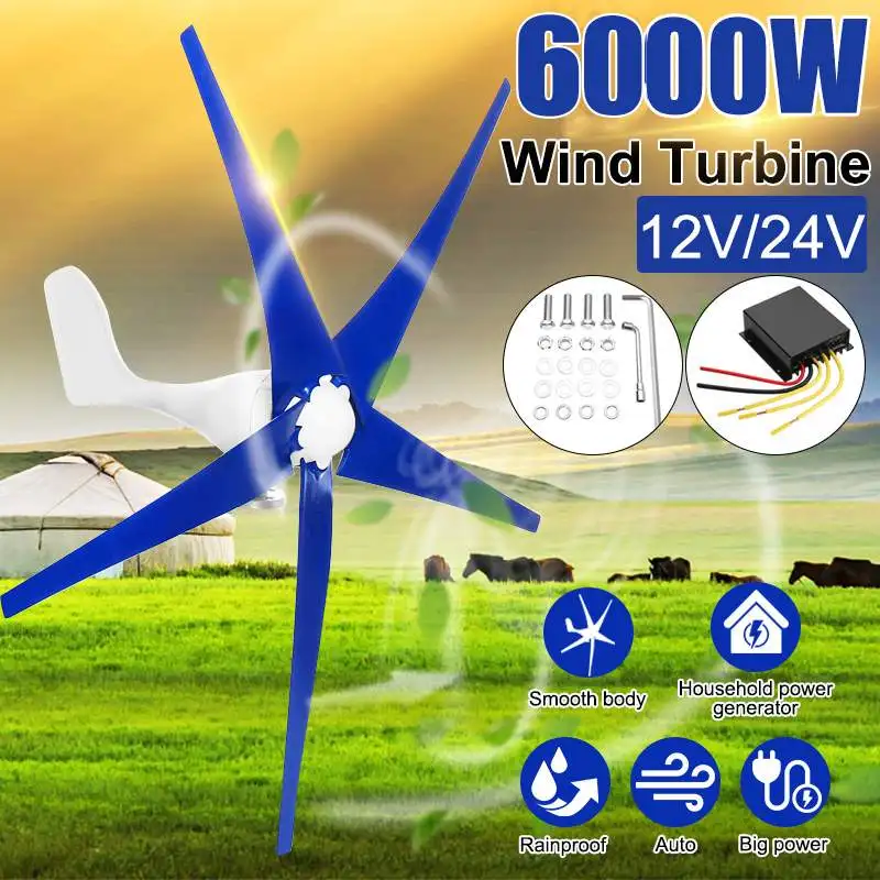 

6000W Wind Turbines Generator 12V/24V 3/5 Nylon Fiber Blade Horizontal Power Windmill Energy Turbines Charge Fit for Home