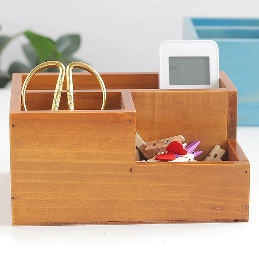 3 Grid Bamboo Remote Control Storage Box Stationery Headphone Cable Cell Phone School Office Desktop Decoration Organizer