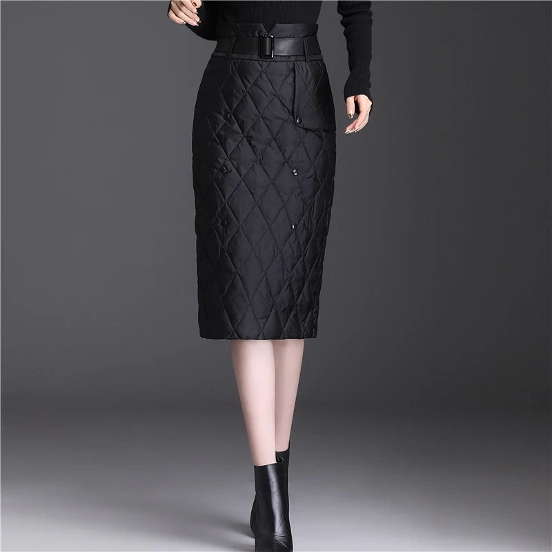 

Plus Size 2020 Down Cotton Women's Skirts Winter Warm High Waist Wrap Hip Slim Retro Black Mid Skirt With Belt Mujer Faldas
