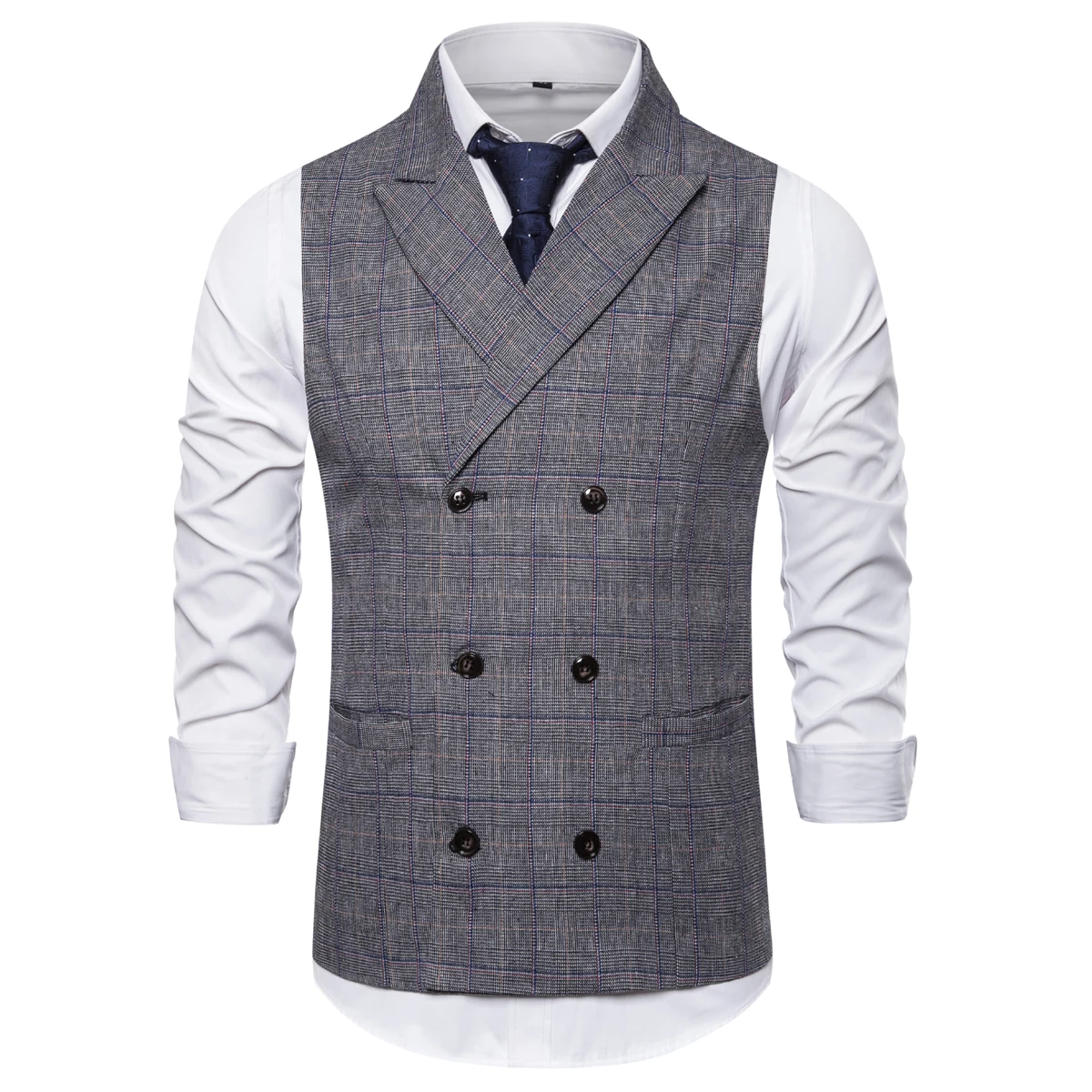 Brand Men's Waistcoat Fashion Retro Tweed Vests Classic Sleeveless Plaid Suit Vest British Style Double Breasted Gilet