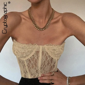 

Cryptographic Strapless Mesh Lace Sheer Crop Tops for Women Sexy Backless Sleeveless Cropped Feminino Tops Underwear