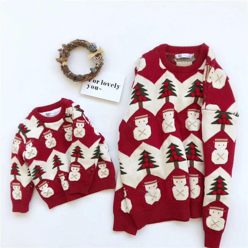 

bunvel Christmas Family Matching Clothes Sweater Tops Baby Girl Clothes Cartoon Snowman Tree Mother and Daughter Sweater f