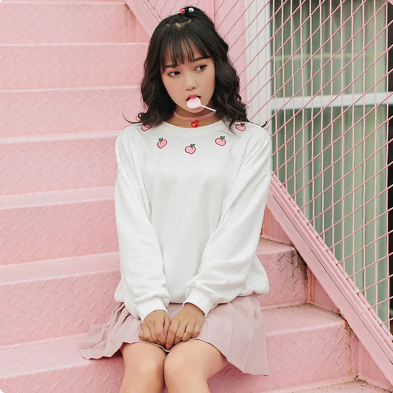 Новинка весны, женские толстовки, Harajuku, персиковый вышитый свитер с длинным рукавом, хлопковая толстовка бойфренда