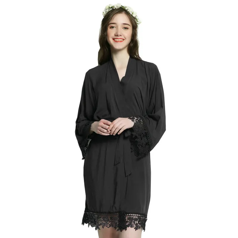 YUXINBRIDAL новое черное однотонное хлопковое кимоно, халаты с кружевом, женское свадебное платье, халат, одежда для сна, белое золото, принт