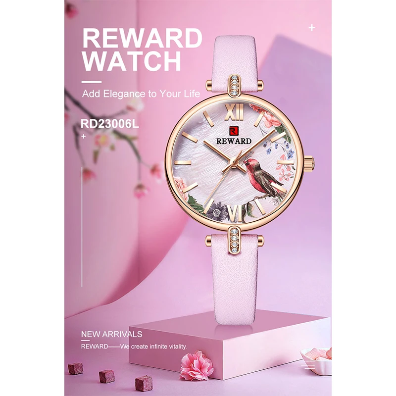 REWARD Pink Women Watches Top Brand Luxury Casual Waterproof Wrist Watches for Lady Japenese Quartz Movement Leather Strap