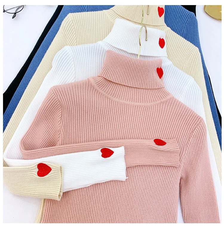 Красный любовь вышитый корейский женский свитер тонкий вязаный Blusas Осень зима свитер с воротником-хомутом джемпер Pull Girl Lady Теплый