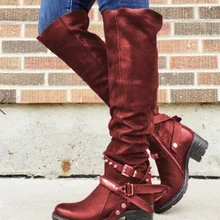 Litthing/женские ботинки; сапоги до колена на низком каблуке; обувь с пряжкой; ботинки из искусственной кожи в винтажном стиле; женская обувь с заклепками и пряжкой; Mujer Zapatos Botas Mujer