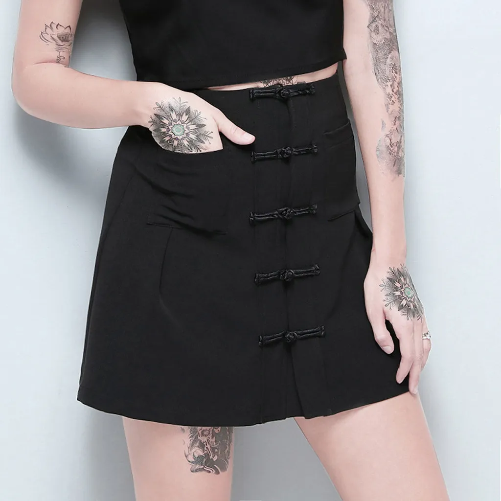 Женская мода Casiual простой готический, панк, черный ретро однотонный китайский пряжка юбка высокая талия миди юбка куртка Femme 50