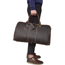 Big Capacity Genuine Leather Travel Bag 20" Vintage Crazy Horse Leather Men Travel Duffel Women Glossy Cow Leather Weekend bag