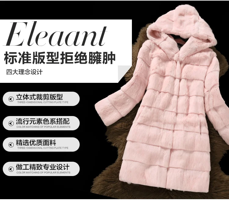 Fashion real fur coat women full sleeve wave cut genuine rabbit fur warm winter coats and jackets with a hood