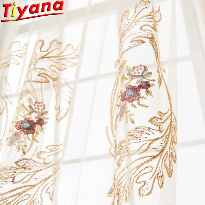 

Luxury Leaves Flower Embroidered Tulle for Living Room Beautiful Elegant Tulle Beige Embroidered Curtains Villa Hotel M165#40