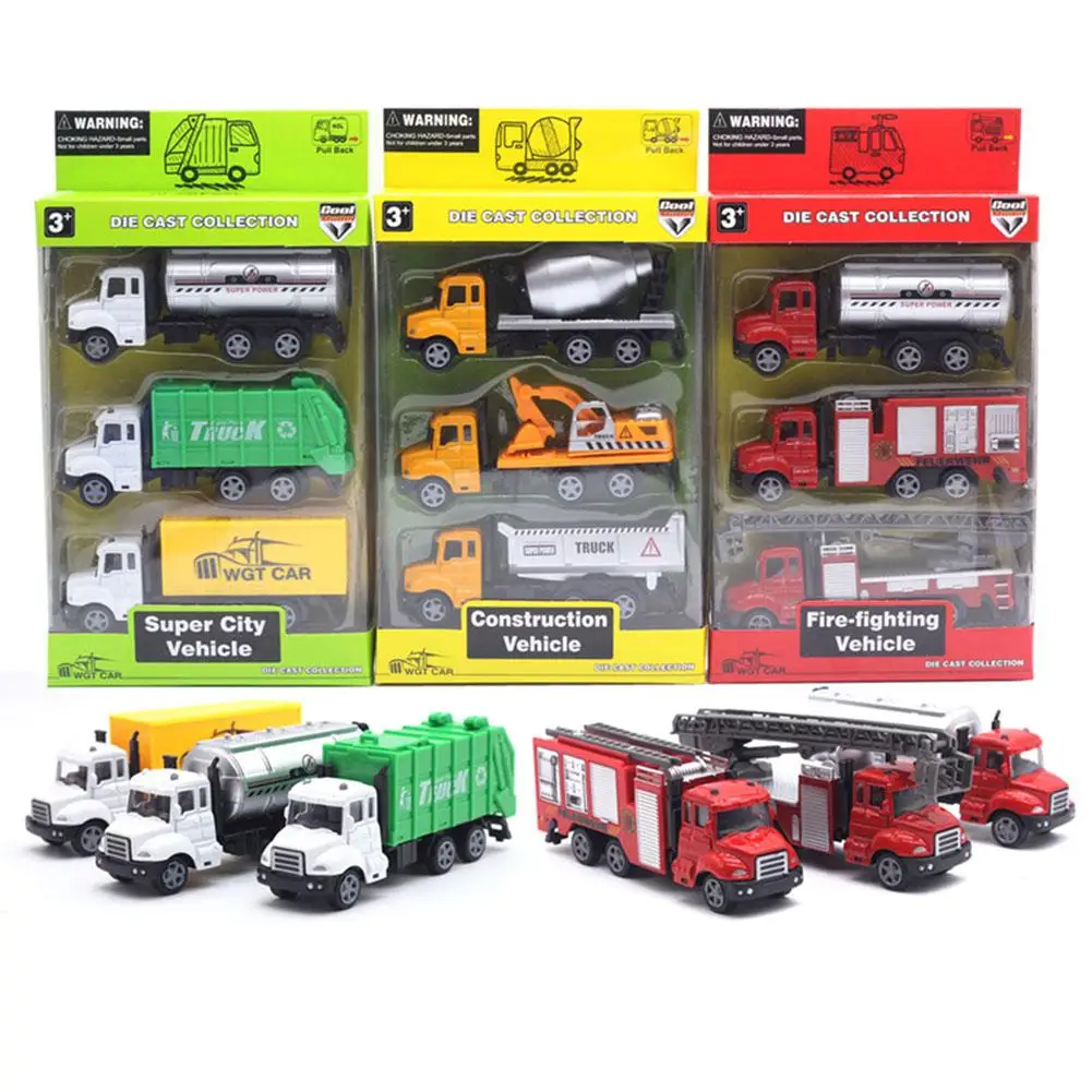 

3Pcs 1/50 Simulation Transport Fire Engineer Truck Car Mini Toy Vehicle Model Pull Back Model Kids Toy Educational Children Gift