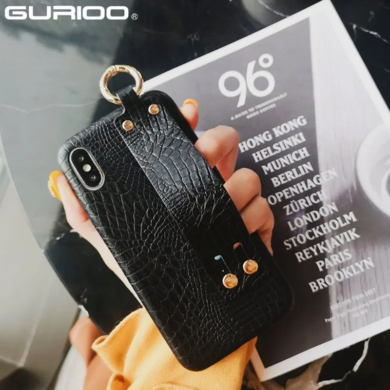 

Wrist Strap Stand Case For iPhone X XR XS Max 7 8 6 6s Plus Crocodile Skin Leather Hand Band Holder Cover For iPhone 7 8plus X 6