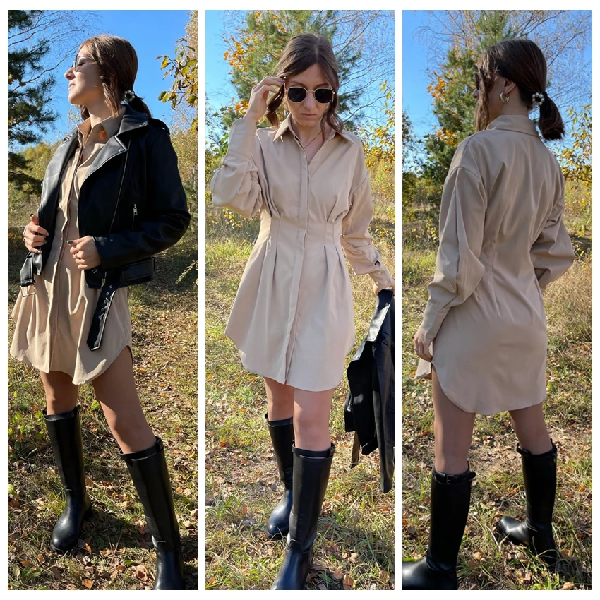 Mnealways18 Spring Summer Bodycon Dress Women Khaki Long Sleeve Pleated Shirt Dress Office Ladies Solid Lapel Casual Mini Dresss zara dresses